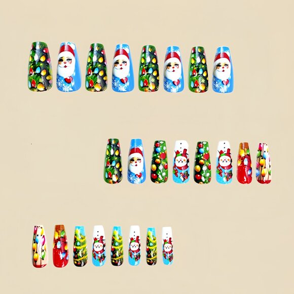 24pcs Festive Christmas Press-On Nails Set, Medium Length Ballet Shape with Sant - Picture 2 of 5